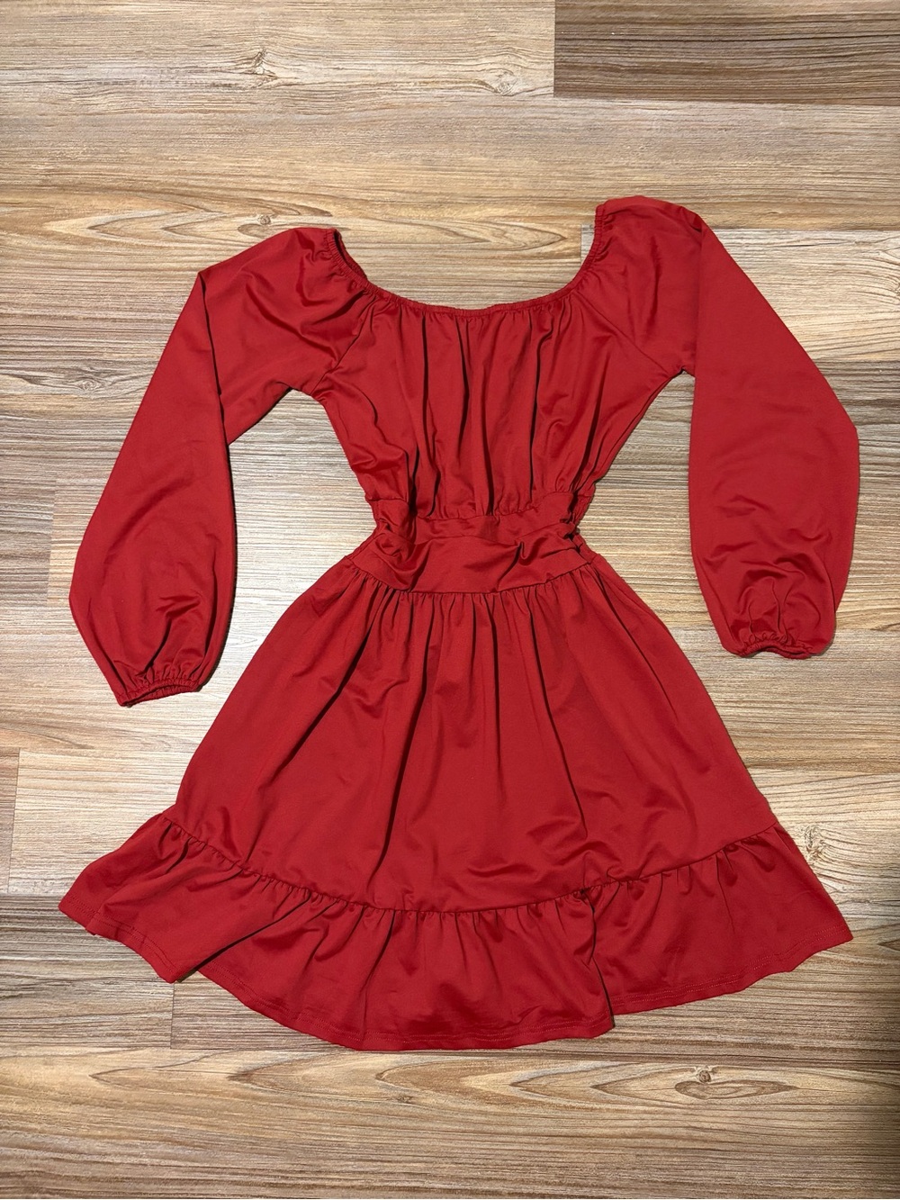Women’s Red Long-Sleeve Mini Dress with Ruffle Hem